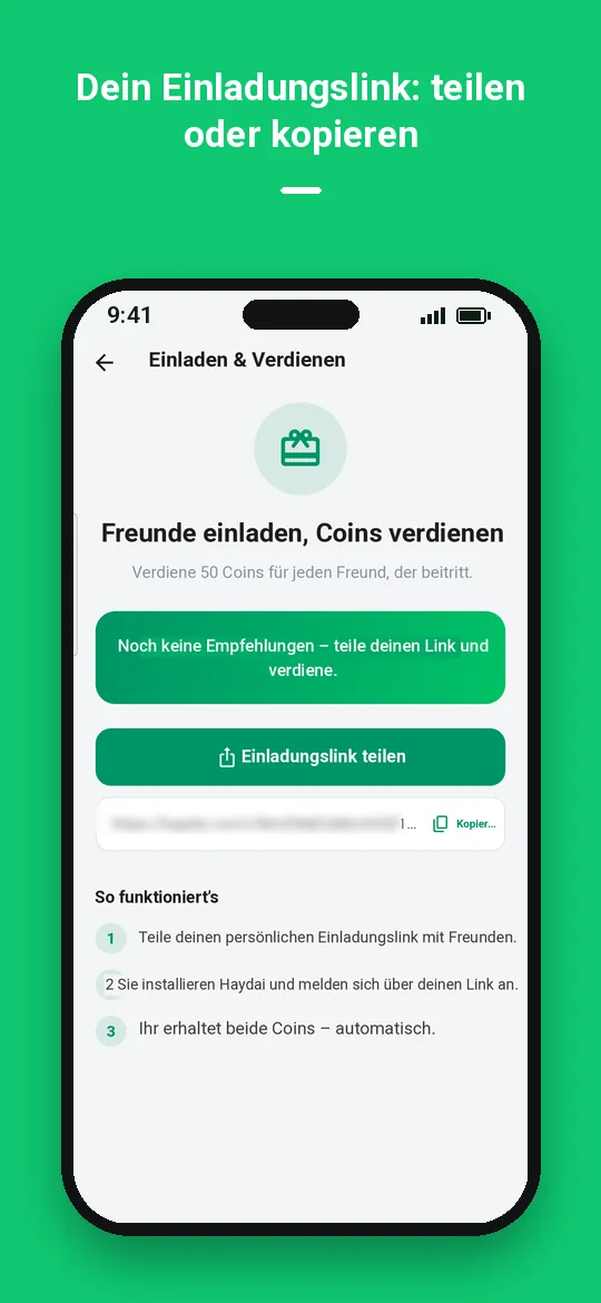 Dein Einladungslink: teilen oder kopieren — Haydai