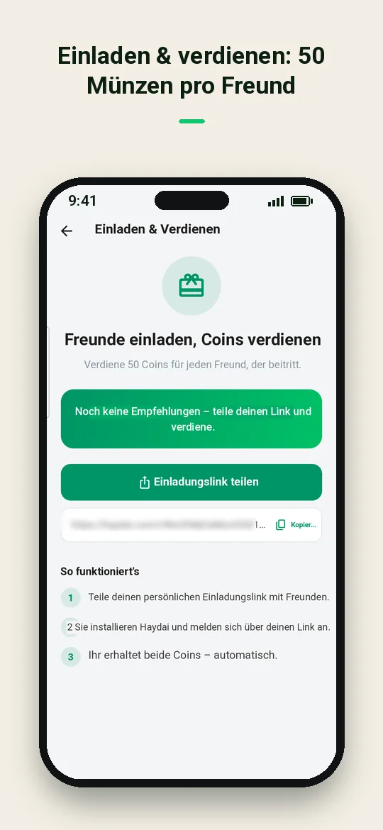 Einladen & verdienen: 50 Münzen pro Freund — Haydai