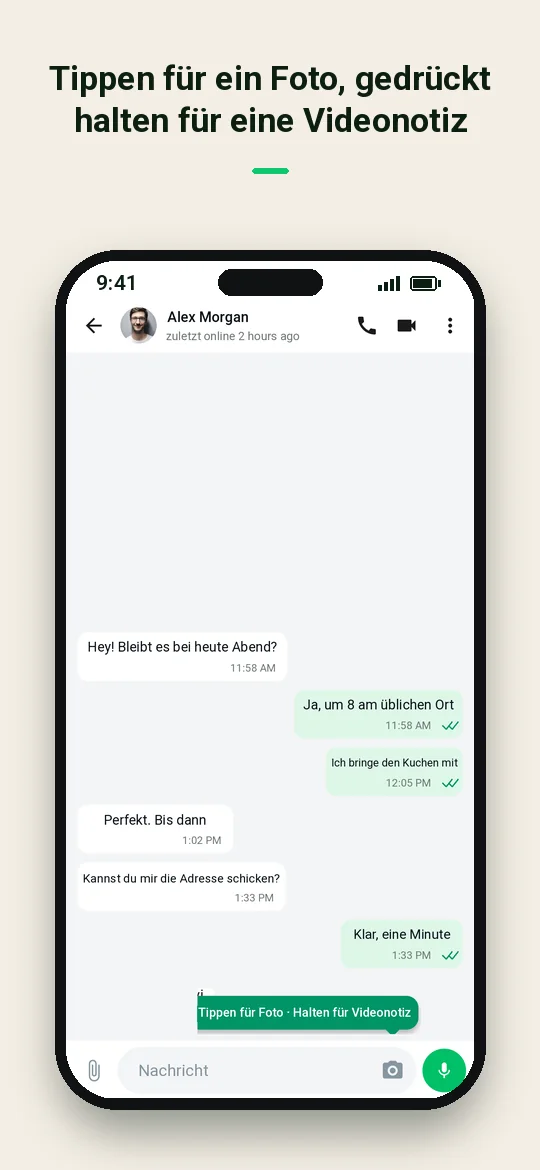 Tippen für ein Foto, gedrückt halten für eine Videonotiz — Haydai