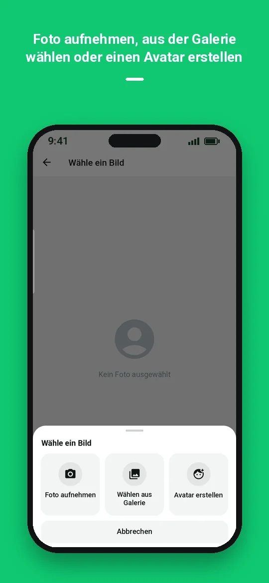 Foto aufnehmen, aus der Galerie wählen oder einen Avatar erstellen — Haydai