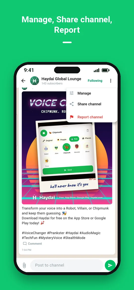 Manage, Share channel, Report — Haydai