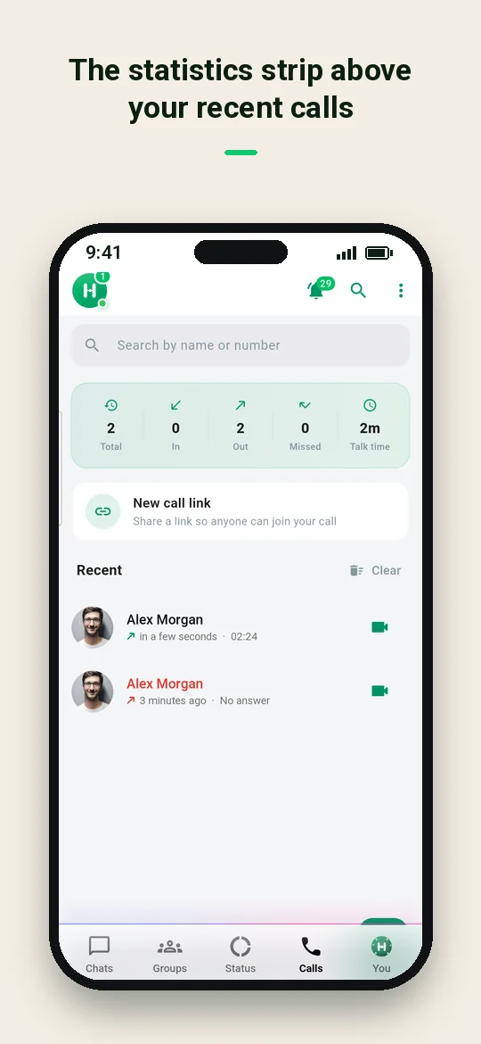 The statistics strip above your recent calls — Haydai