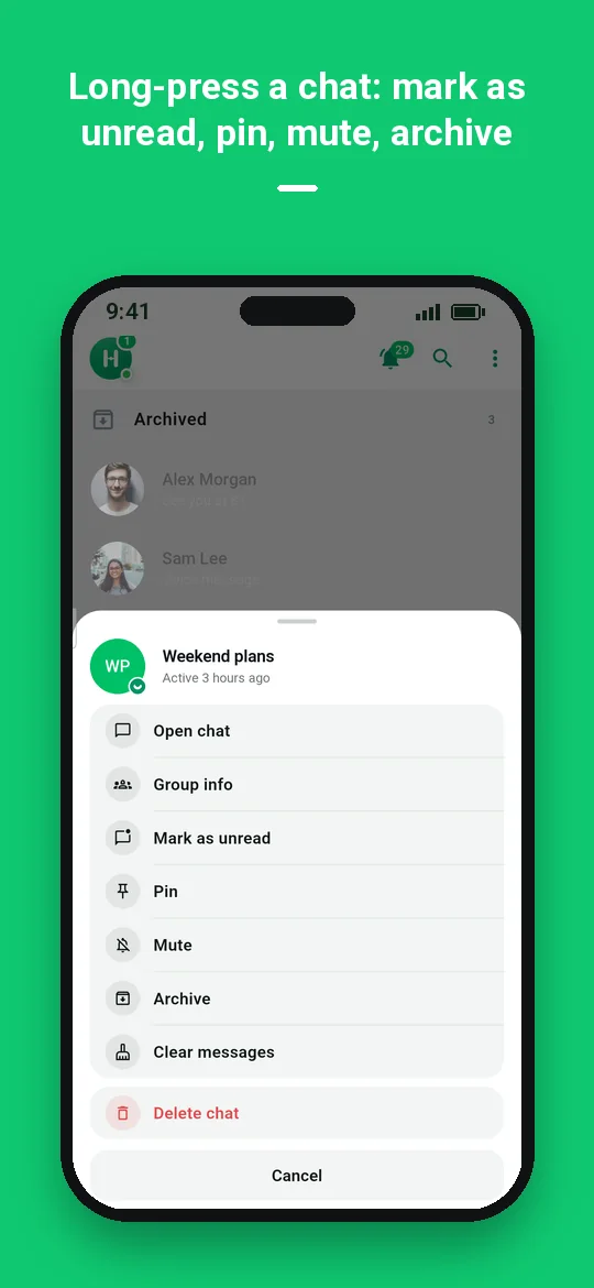 Long-press a chat: mark as unread, pin, mute, archive — Haydai