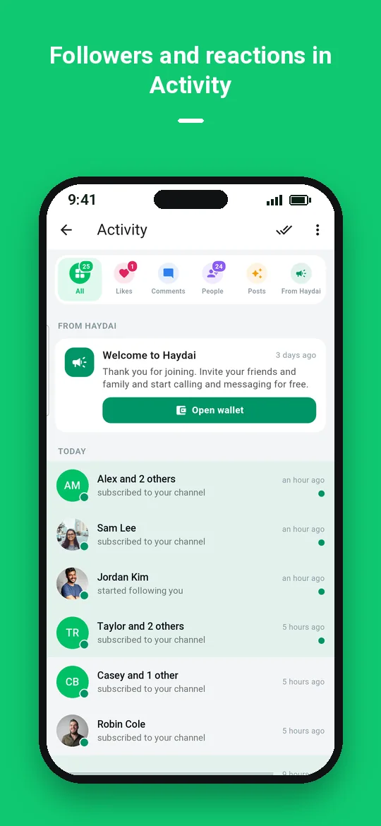 Followers and reactions in Activity — Haydai