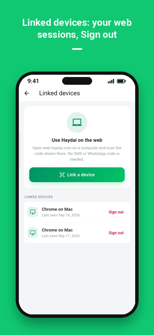 Linked devices: your web sessions, Sign out — Haydai