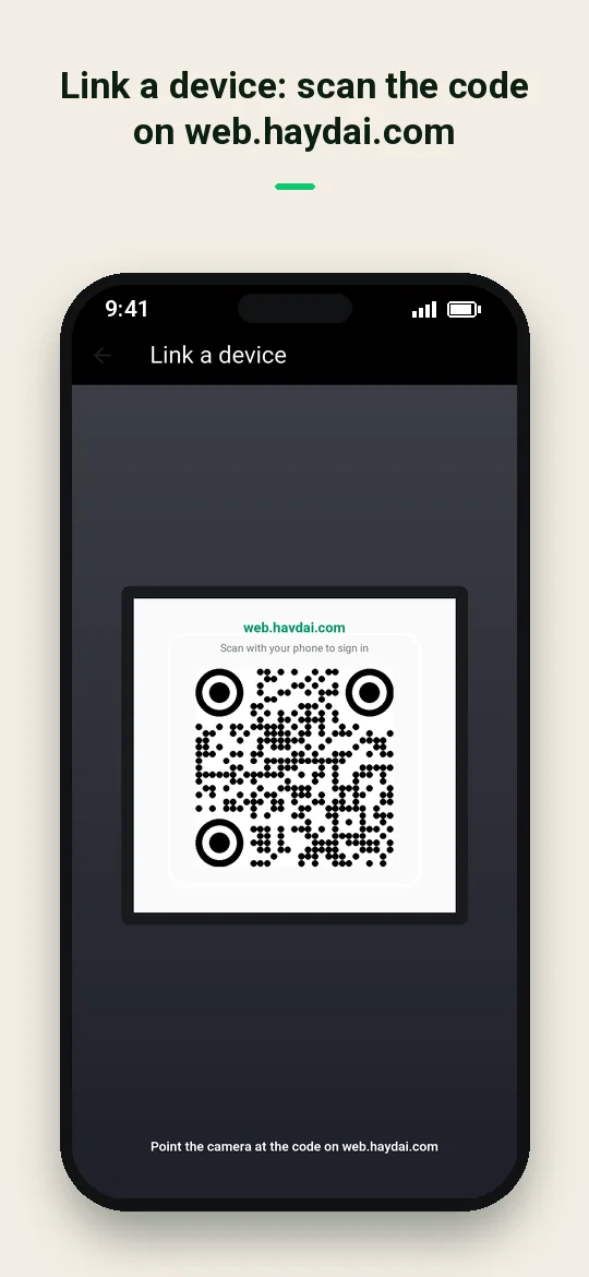 Link a device: scan the code on web.haydai.com — Haydai