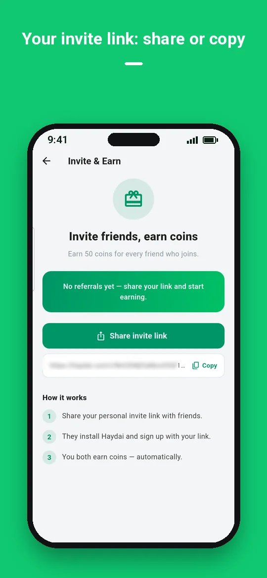 Your invite link: share or copy — Haydai