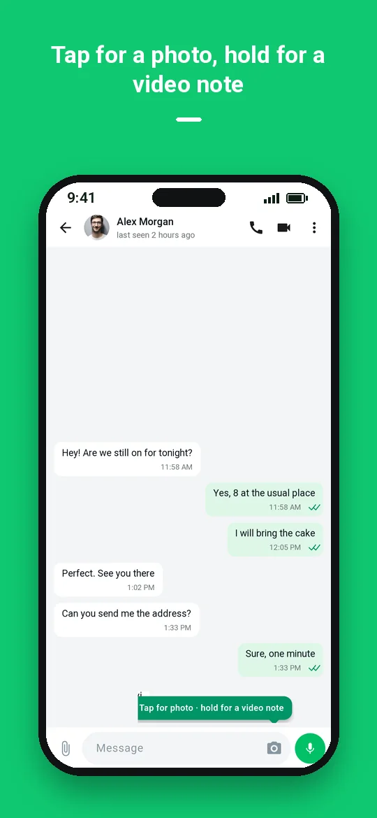 Tap for a photo, hold for a video note — Haydai