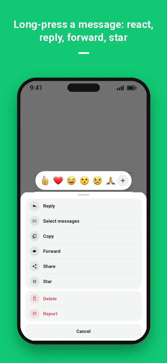 Long-press a message: react, reply, forward, star — Haydai
