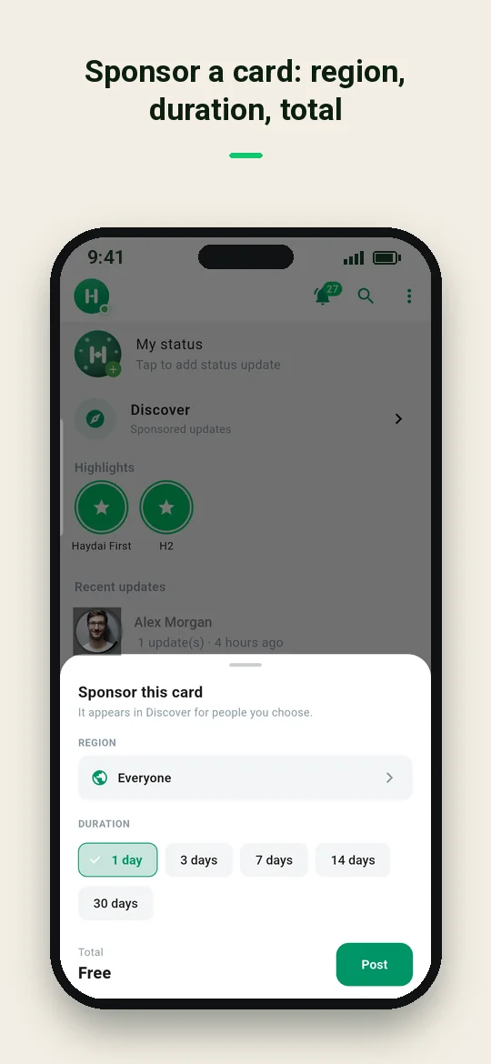 Sponsor a card: region, duration, total — Haydai