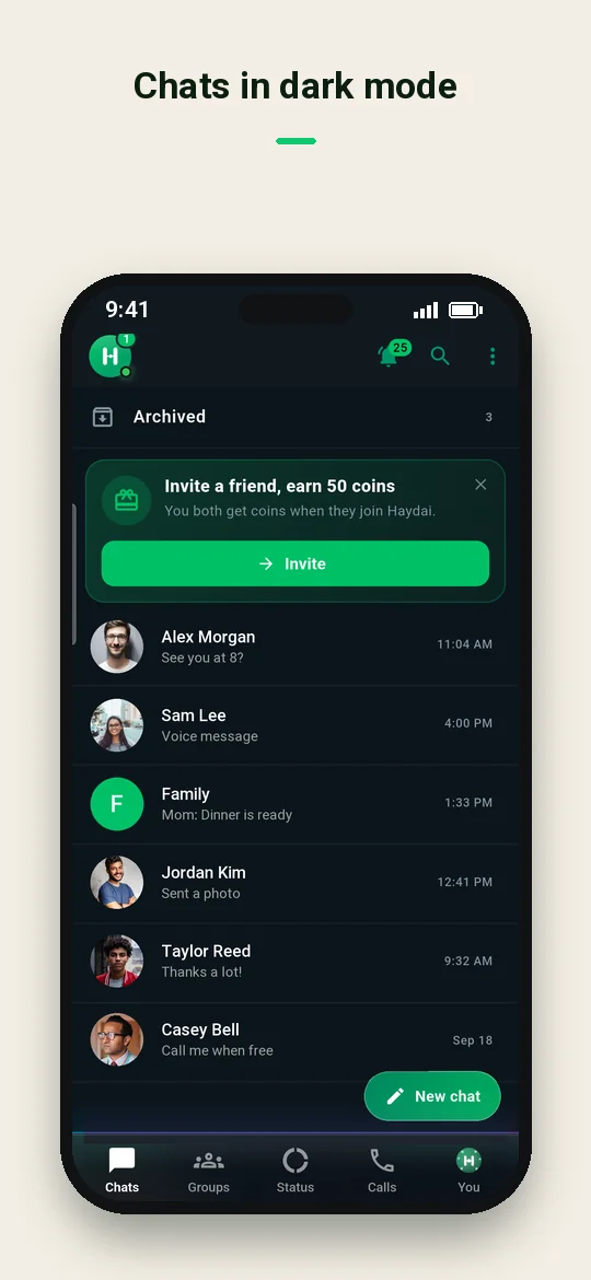 Chats in dark mode — Haydai