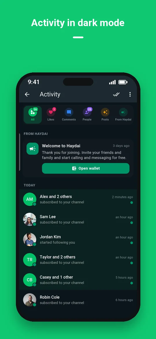 Activity in dark mode — Haydai