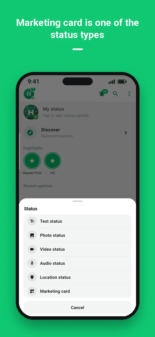 Marketing card is one of the status types — Haydai