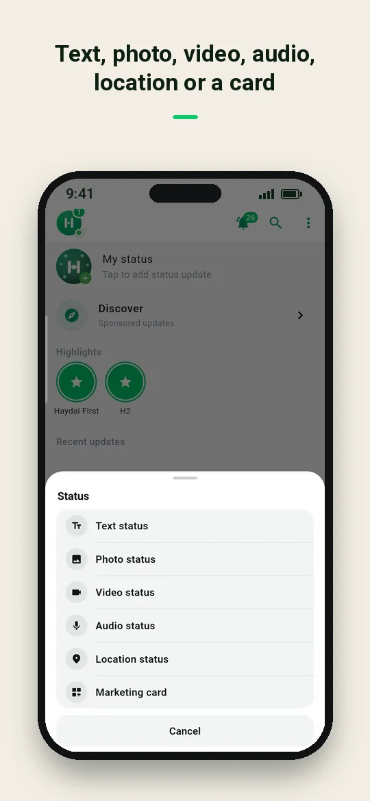 Text, photo, video, audio, location or a card — Haydai