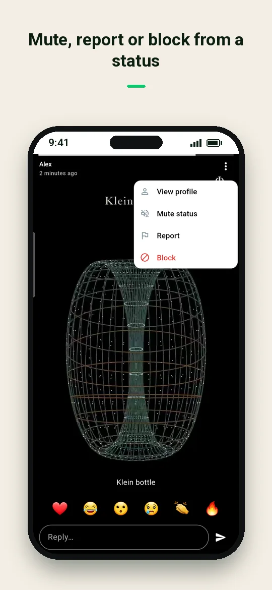 Mute, report or block from a status — Haydai