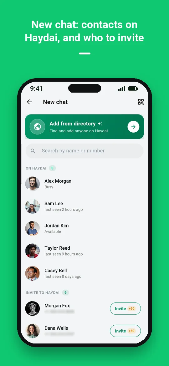 New chat: contacts on Haydai, and who to invite — Haydai