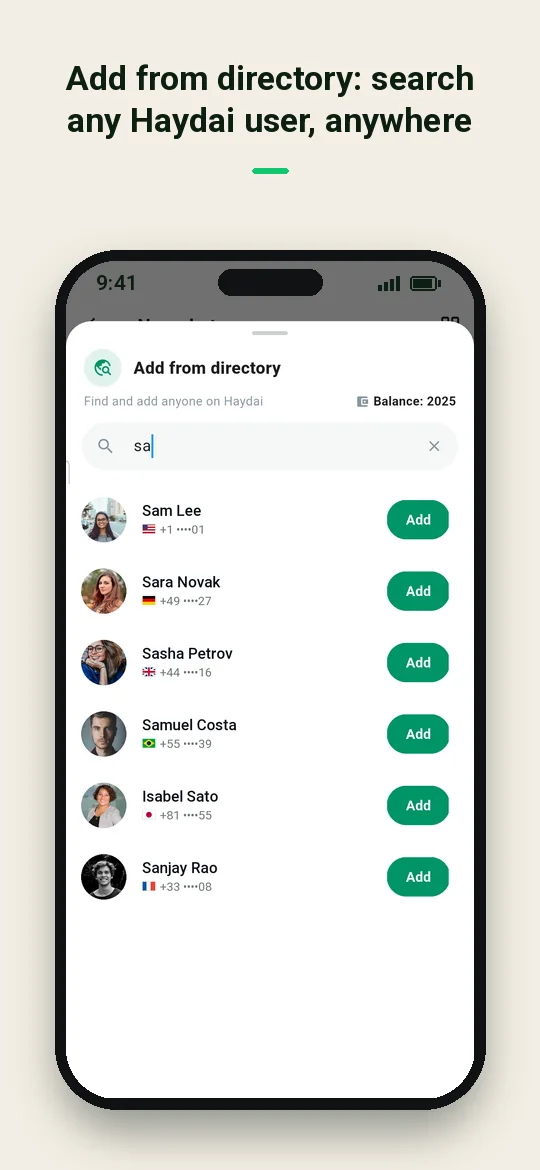 Add from directory: search any Haydai user, anywhere — Haydai