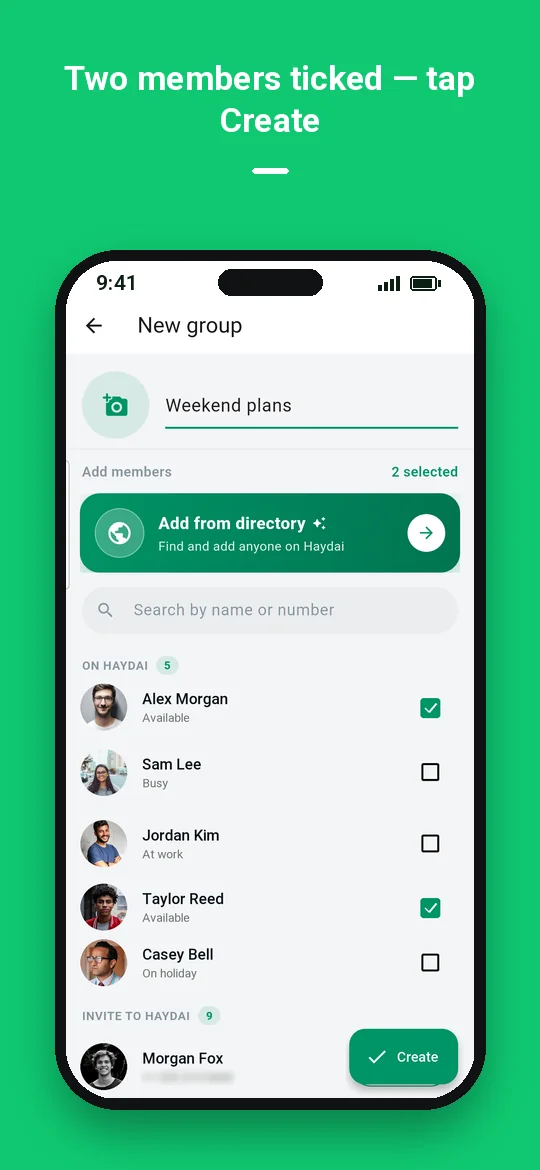 Two members ticked — tap Create — Haydai