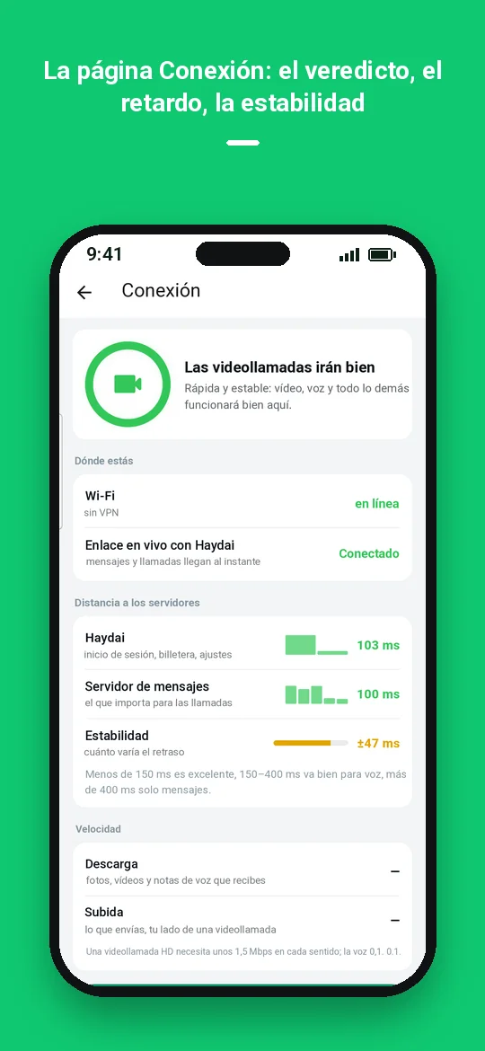 La página Conexión: el veredicto, el retardo, la estabilidad — Haydai