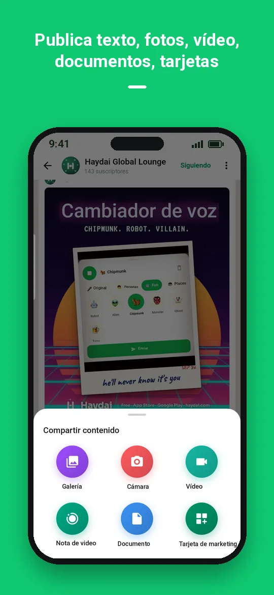 Publica texto, fotos, vídeo, documentos, tarjetas — Haydai