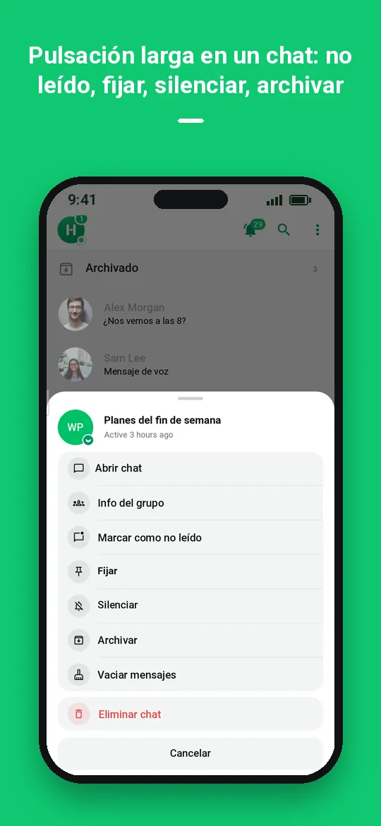 Pulsación larga en un chat: no leído, fijar, silenciar, archivar — Haydai
