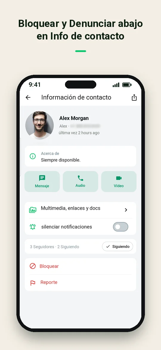 Bloquear y Denunciar abajo en Info de contacto — Haydai
