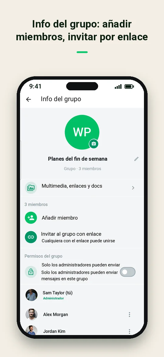 Info del grupo: añadir miembros, invitar por enlace — Haydai