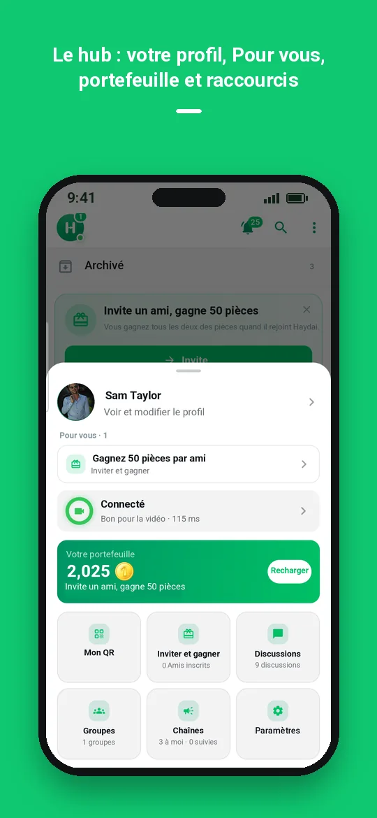 Le hub : votre profil, Pour vous, portefeuille et raccourcis — Haydai