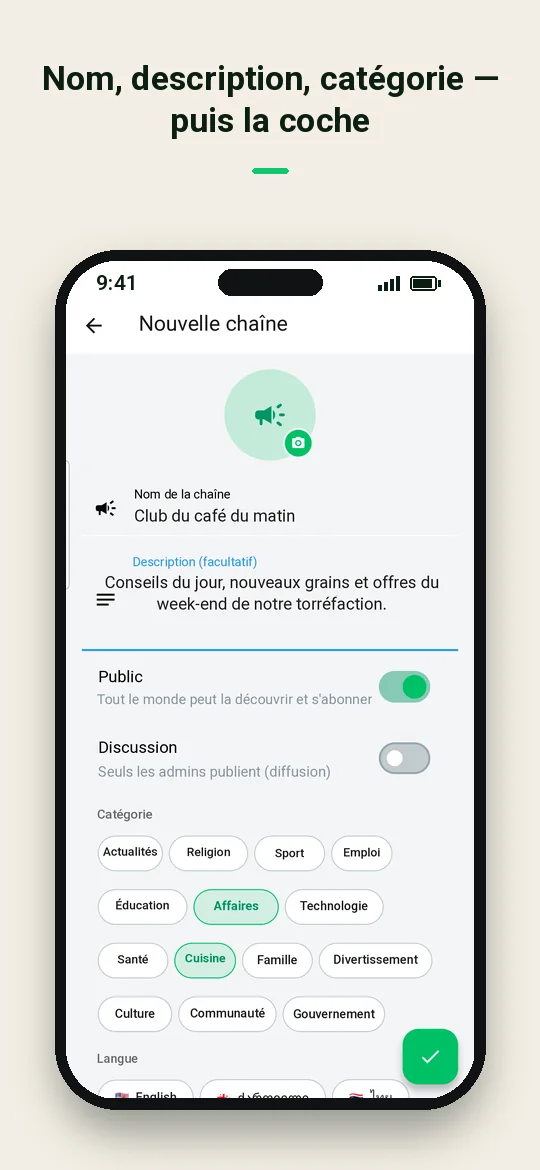 Nom, description, catégorie — puis la coche — Haydai