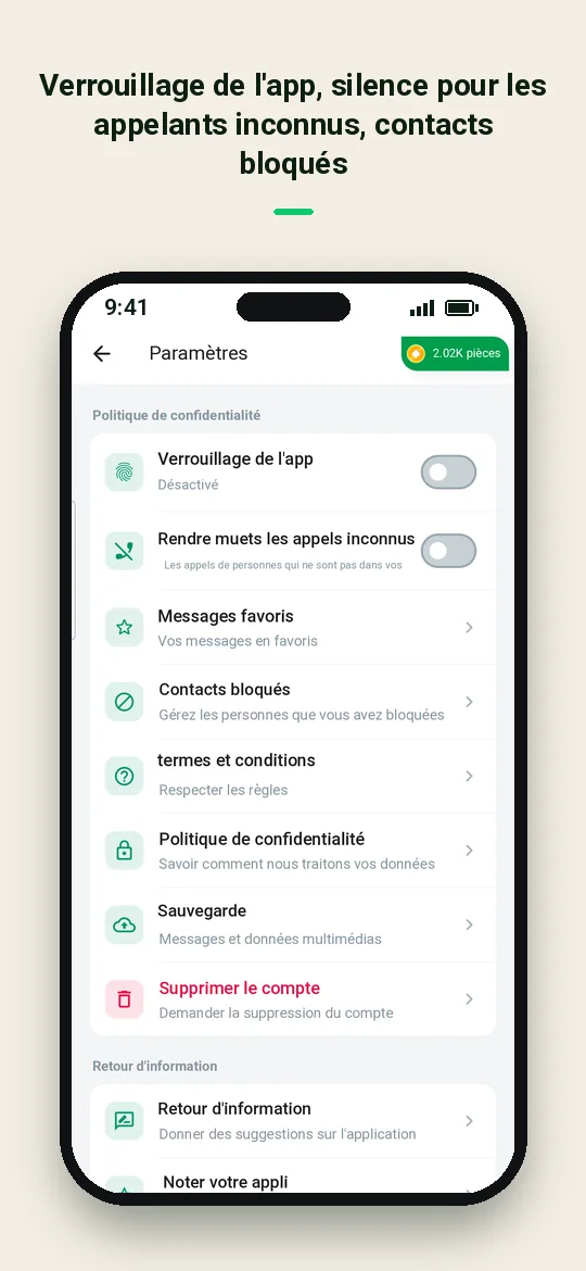 Verrouillage de l'app, silence pour les appelants inconnus, contacts bloqués — Haydai