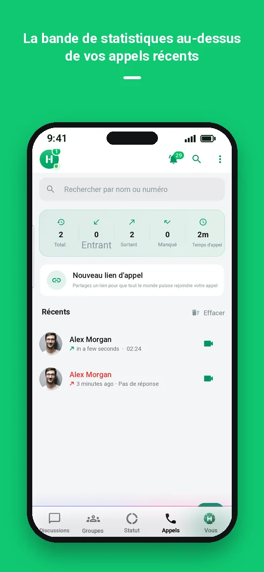 La bande de statistiques au-dessus de vos appels récents — Haydai