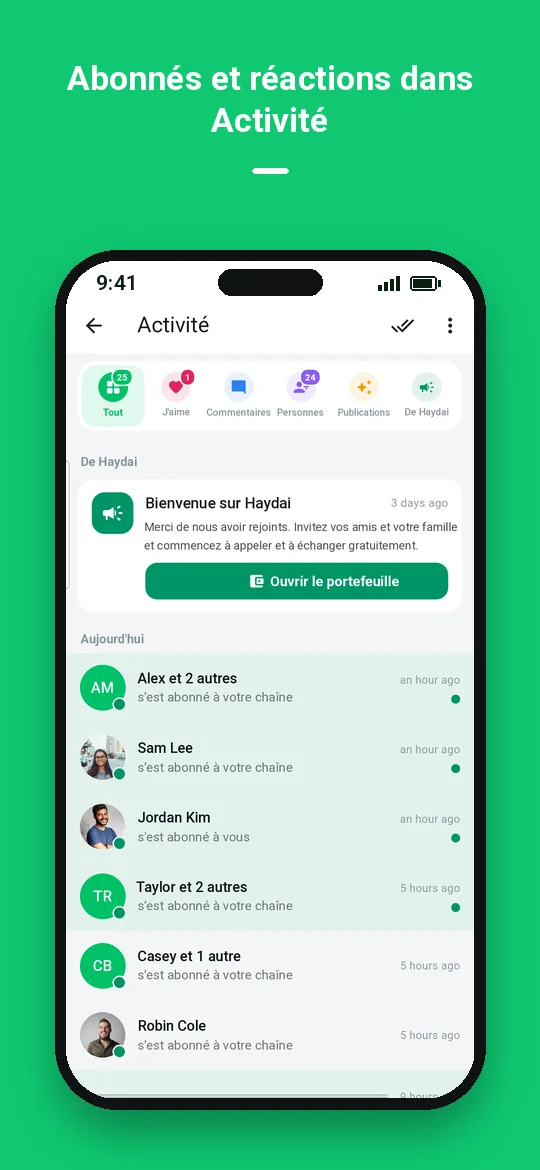 Abonnés et réactions dans Activité — Haydai