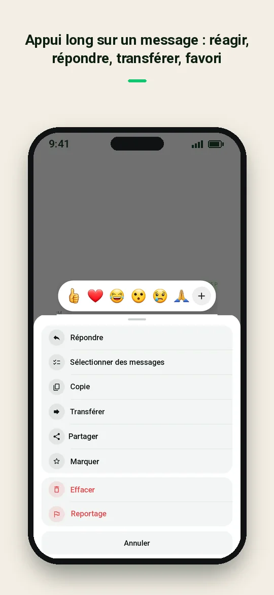 Appui long sur un message : réagir, répondre, transférer, favori — Haydai