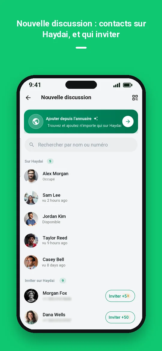 Nouvelle discussion : contacts sur Haydai, et qui inviter — Haydai