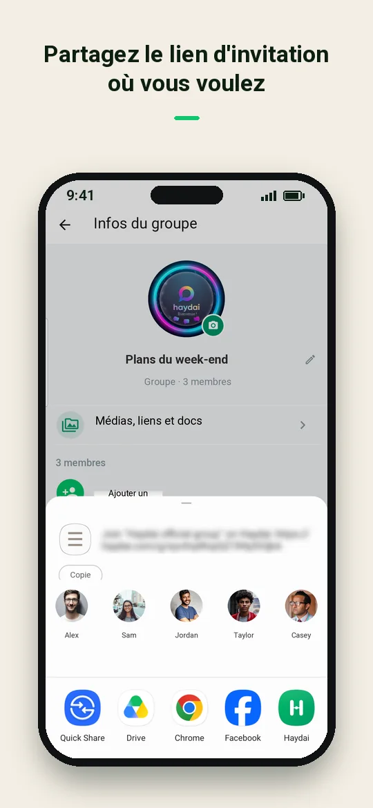 Partagez le lien d'invitation où vous voulez — Haydai