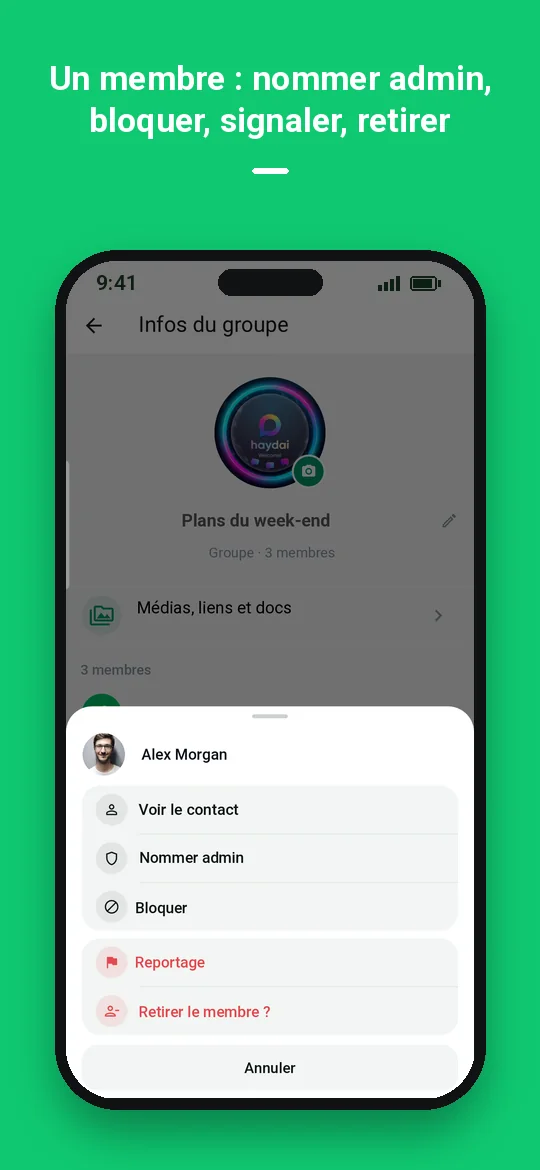 Un membre : nommer admin, bloquer, signaler, retirer — Haydai