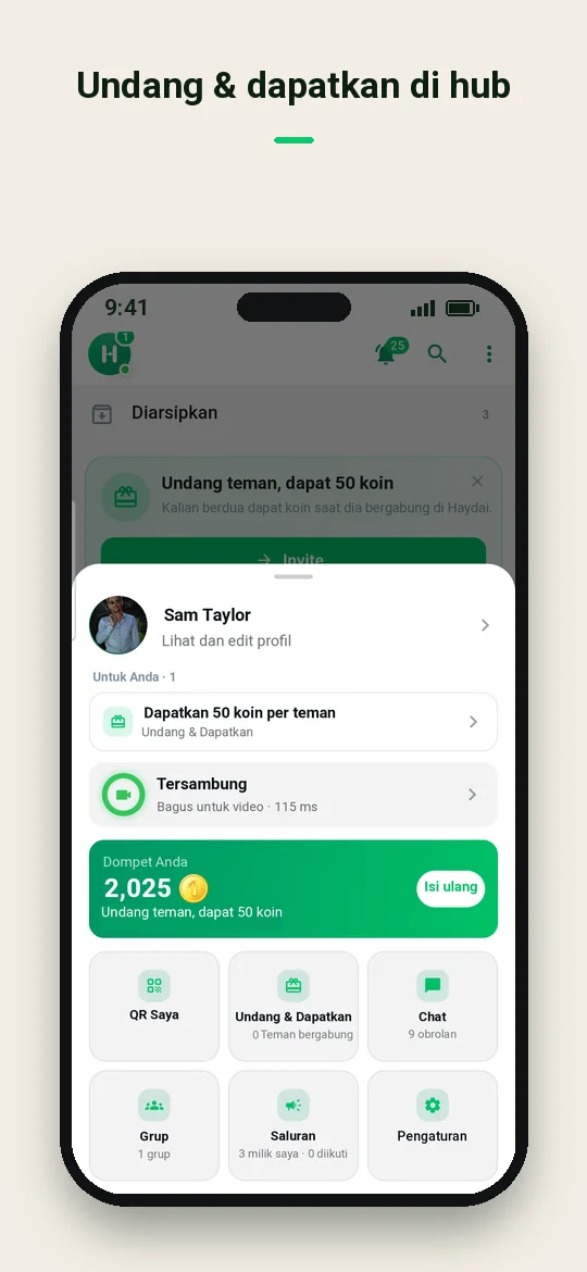 Undang & dapatkan di hub — Haydai