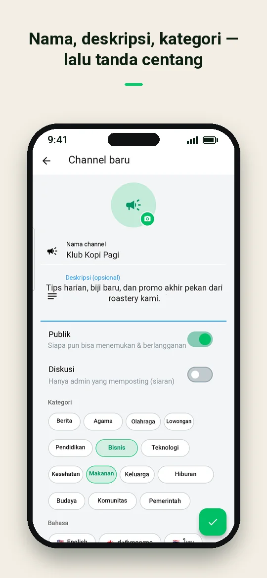 Nama, deskripsi, kategori — lalu tanda centang — Haydai