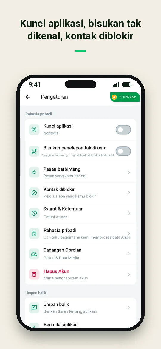 Kunci aplikasi, bisukan tak dikenal, kontak diblokir — Haydai
