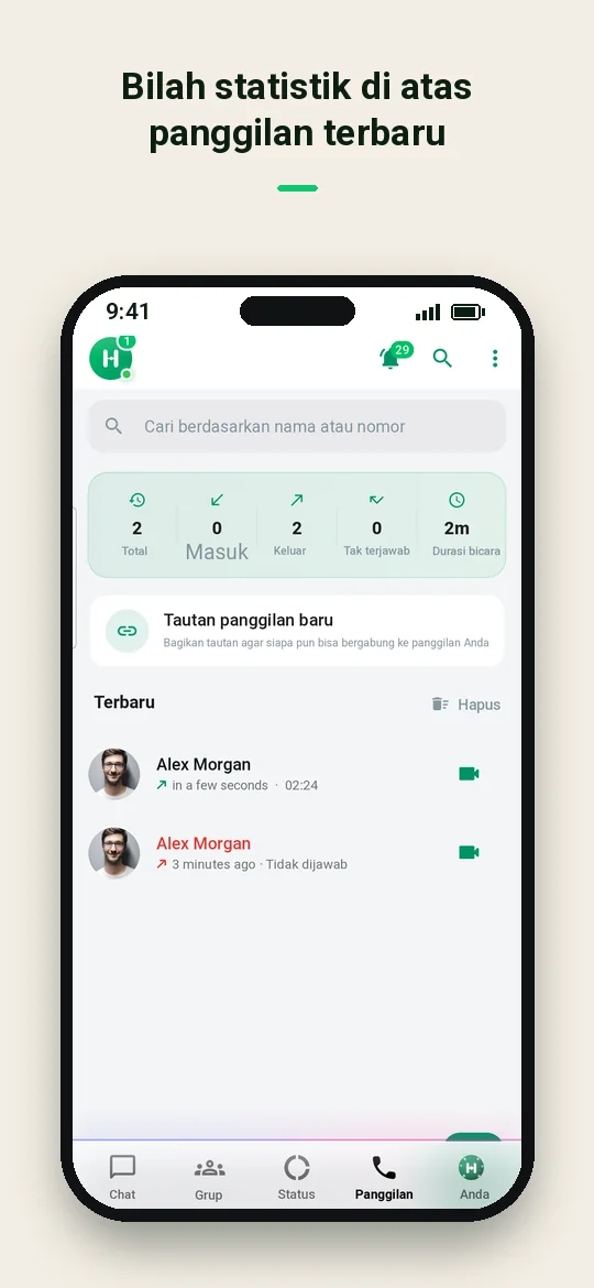 Bilah statistik di atas panggilan terbaru — Haydai