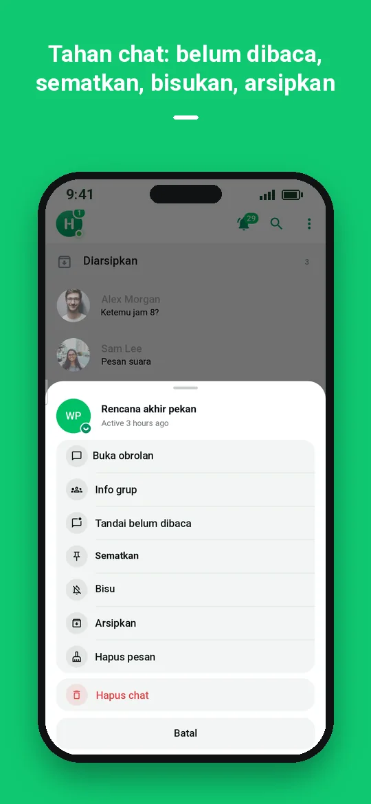 Tahan chat: belum dibaca, sematkan, bisukan, arsipkan — Haydai