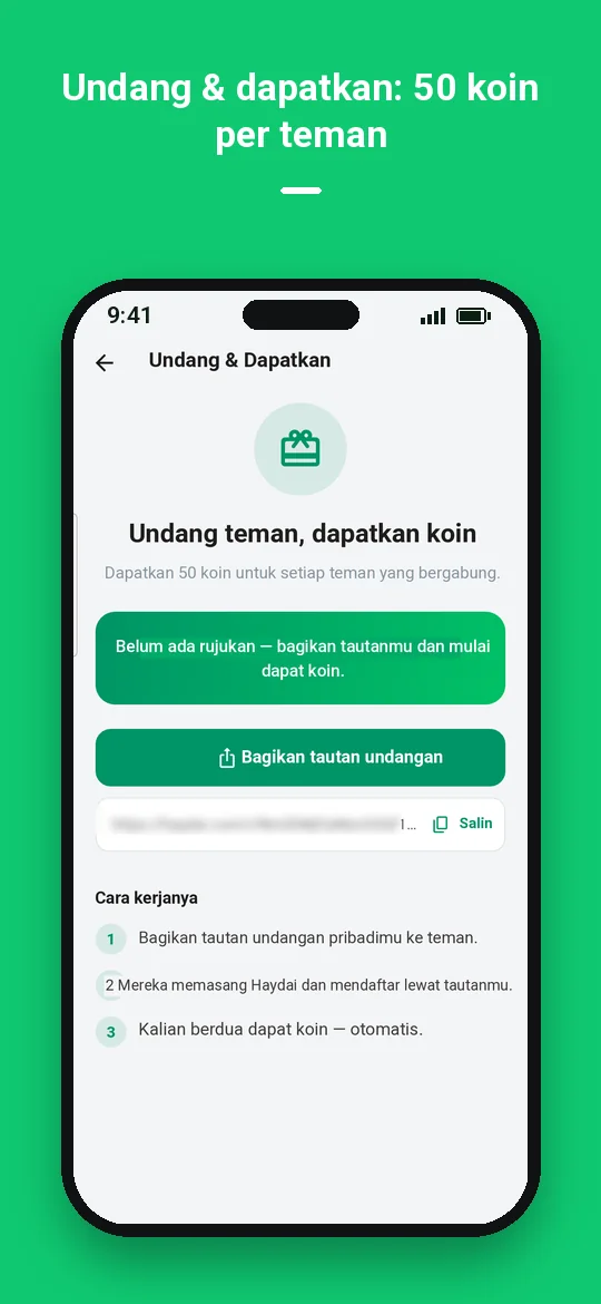 Undang & dapatkan: 50 koin per teman — Haydai