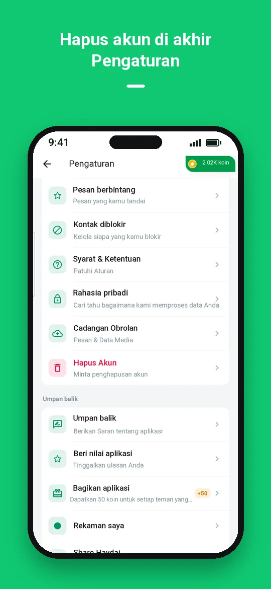 Hapus akun di akhir Pengaturan — Haydai