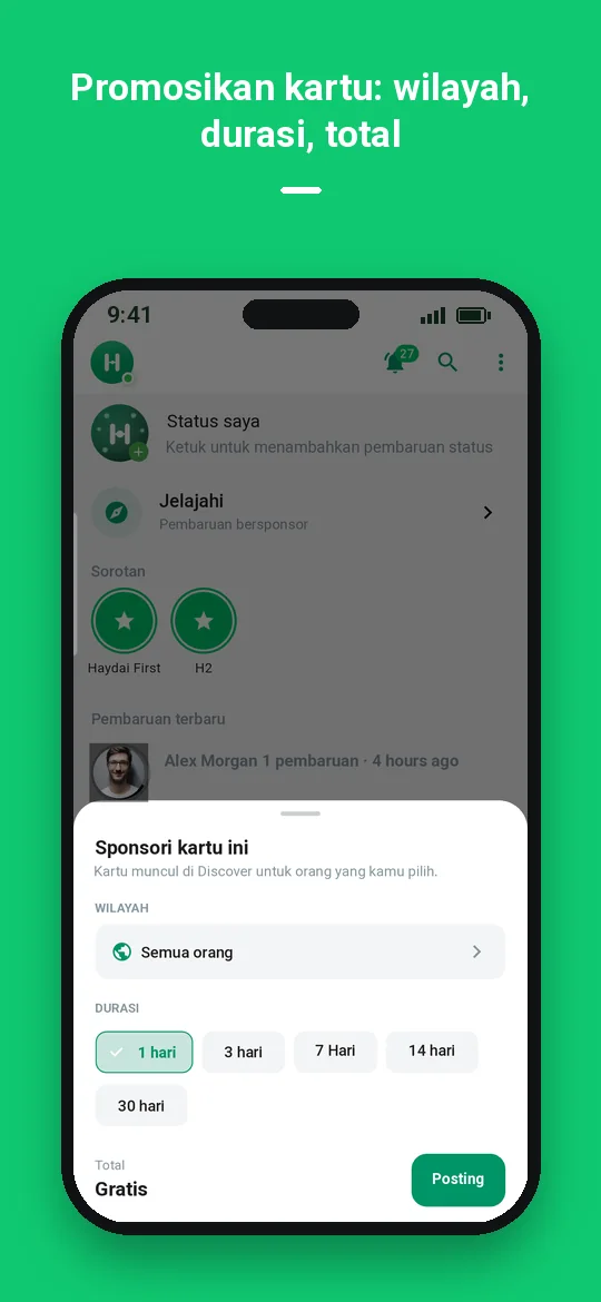 Promosikan kartu: wilayah, durasi, total — Haydai