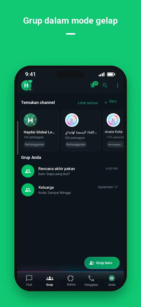 Grup dalam mode gelap — Haydai