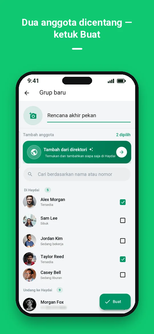 Dua anggota dicentang — ketuk Buat — Haydai