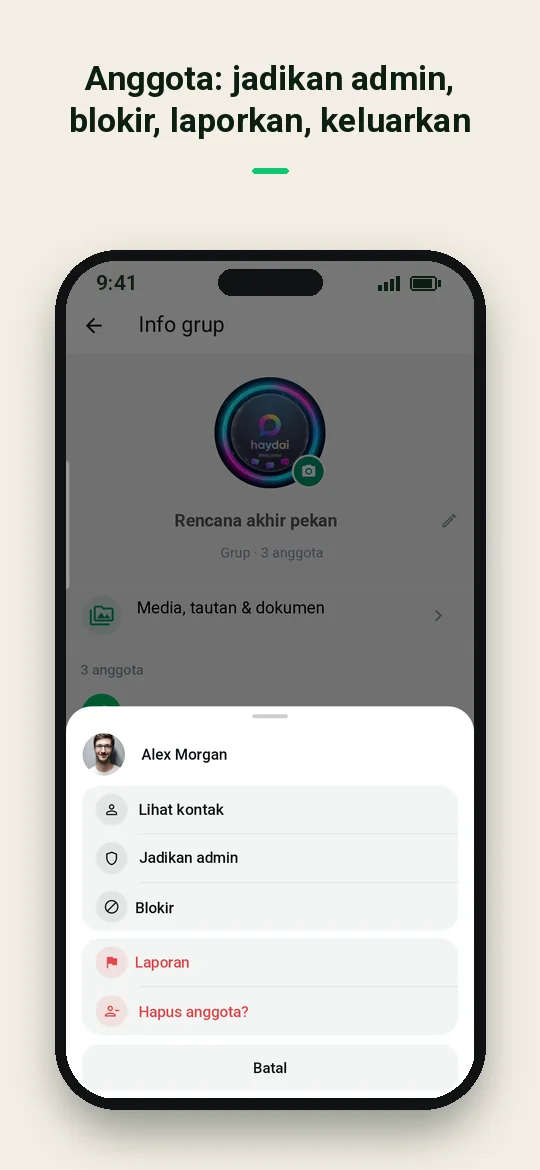 Anggota: jadikan admin, blokir, laporkan, keluarkan — Haydai