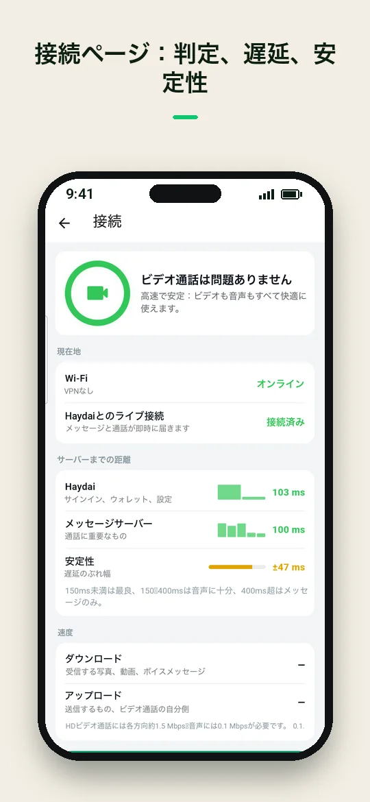 接続ページ：判定、遅延、安定性 — Haydai