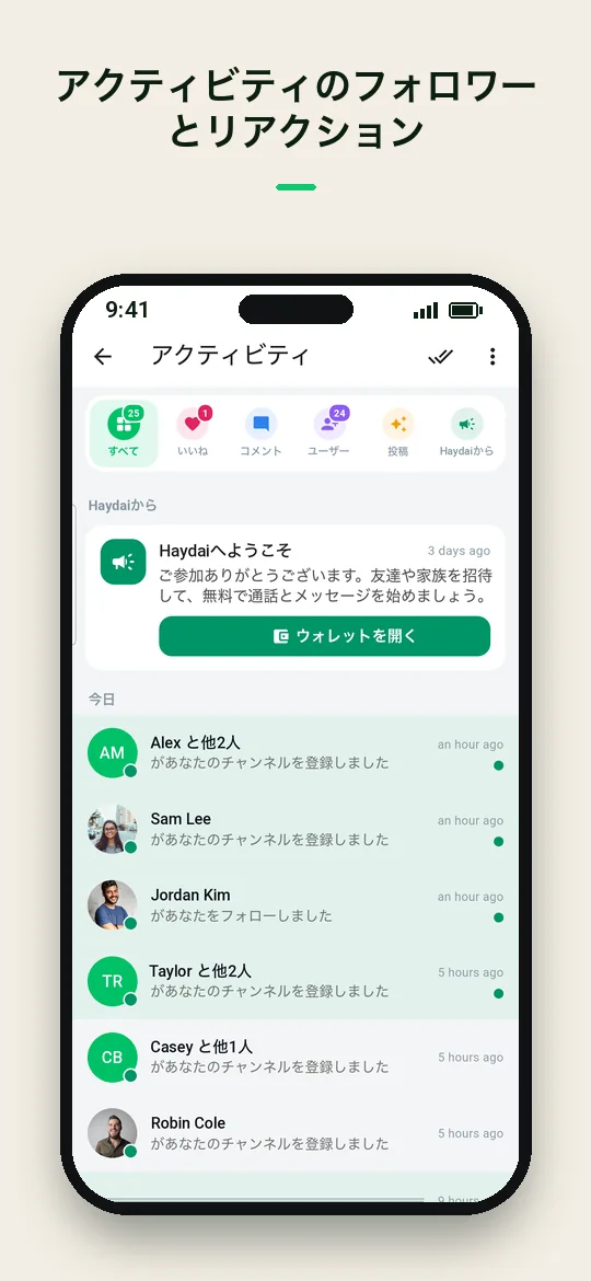 アクティビティのフォロワーとリアクション — Haydai