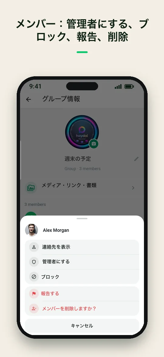 メンバー：管理者にする、ブロック、報告、削除 — Haydai